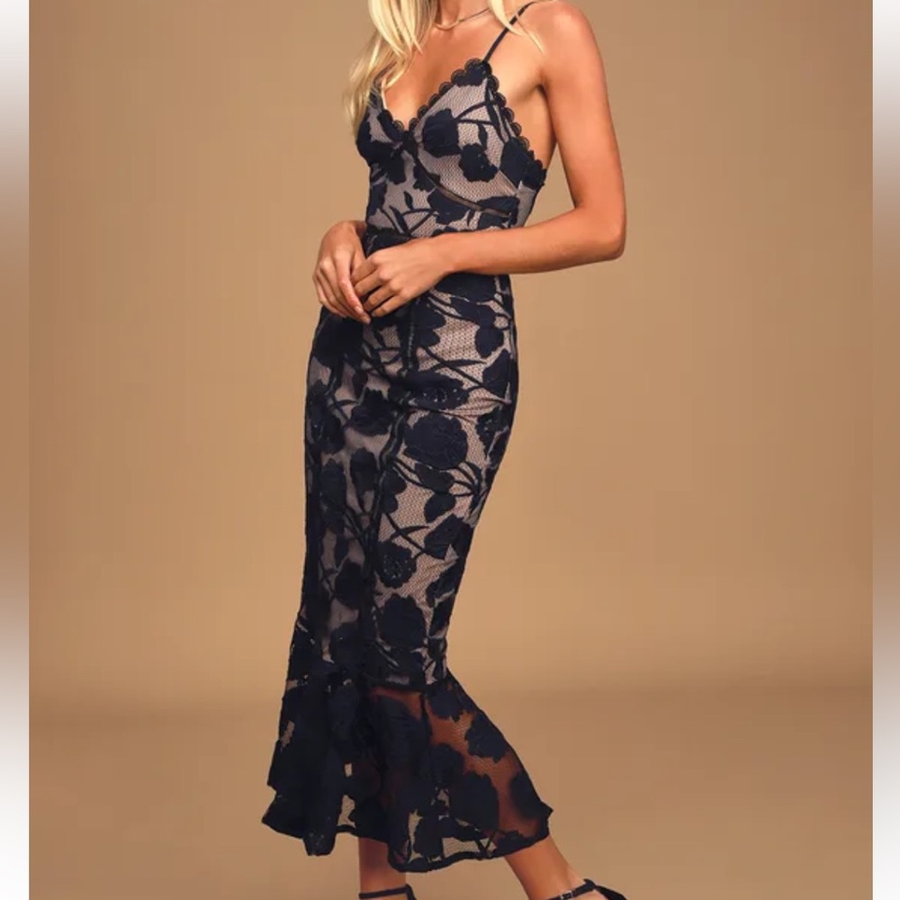 Lulus Alluring Dream Navy Blue Floral Mesh Lace Trumpet Midi Dress - Size XS - Picture 3 of 7